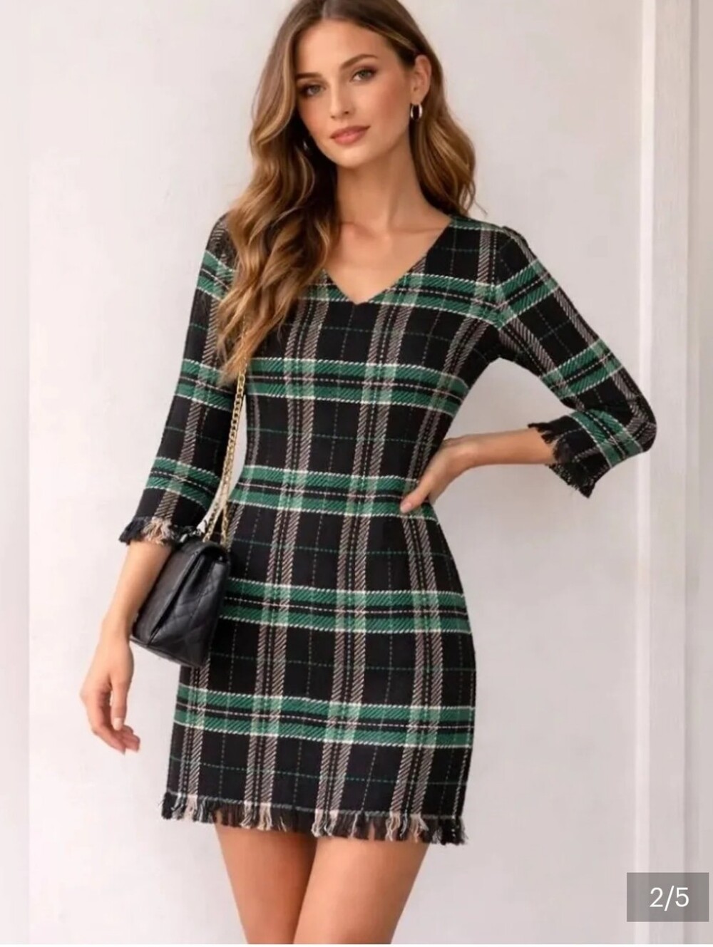 New! Nathalie Chaize V-Neck Black & Green Plaid Tweed Mini Dress Cottagecore Y2K